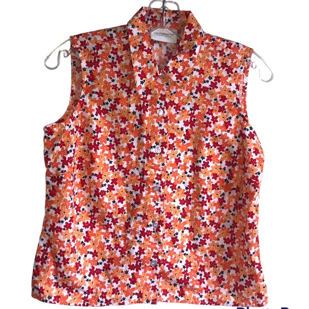 Liz Claiborne Orange/Red/White Floral Sleeveless Button Front Shirt-Sz P NWT